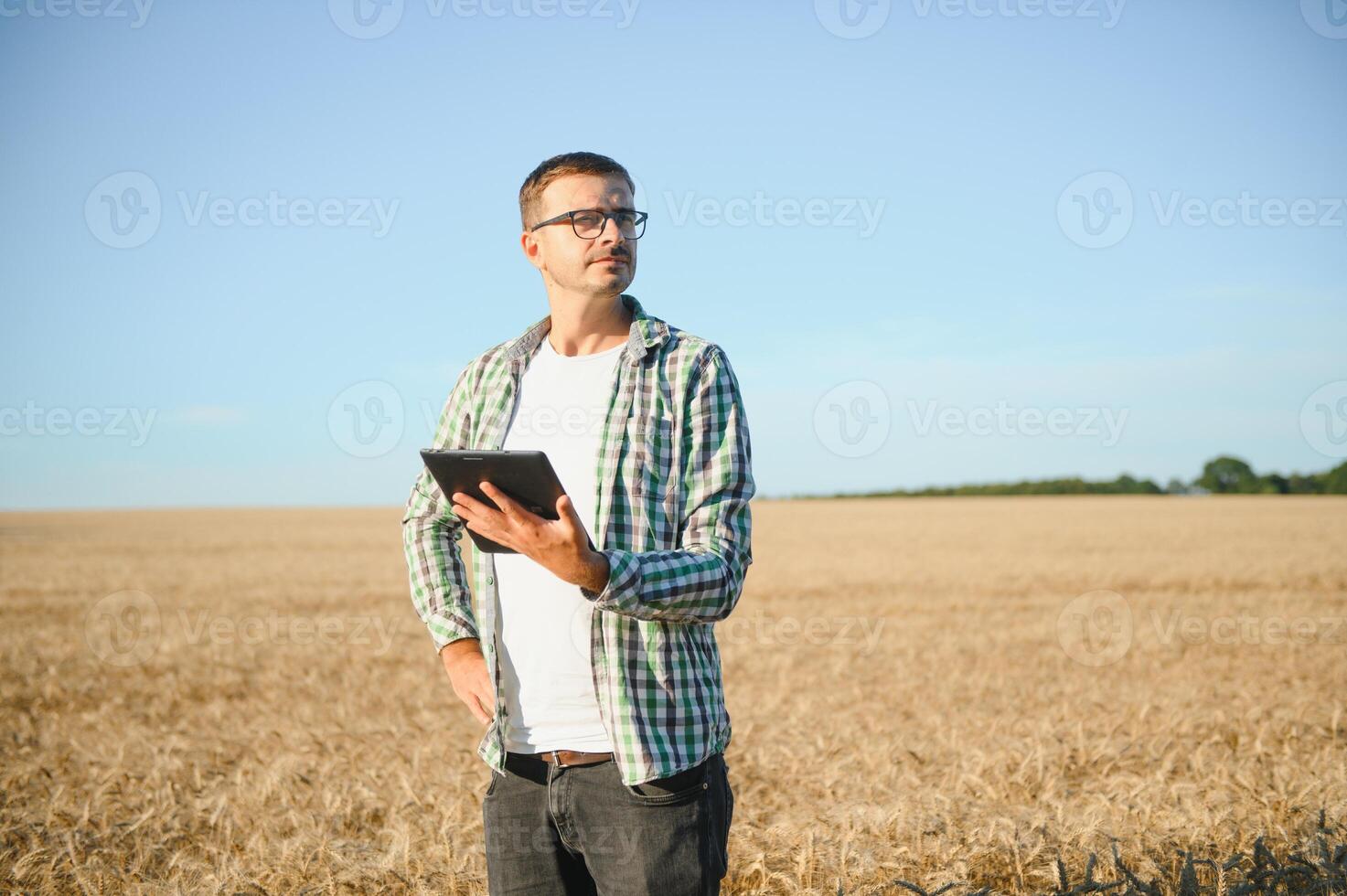 Young agronomist in grain field. Cereal farming photo