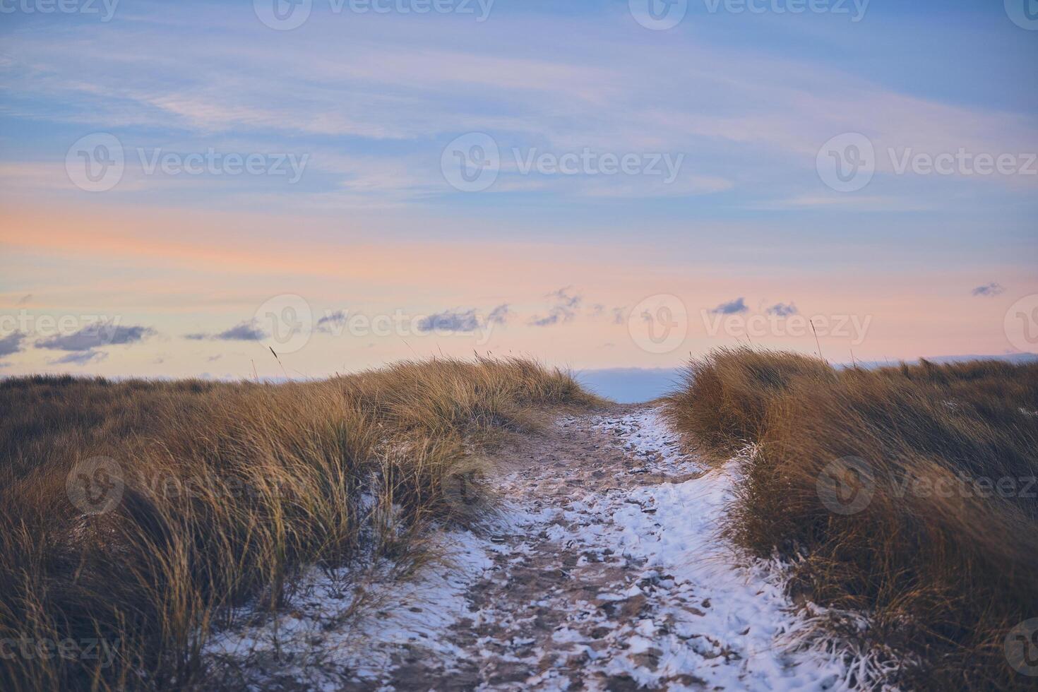 Snowy Pathway to the beach during evening in winter photo