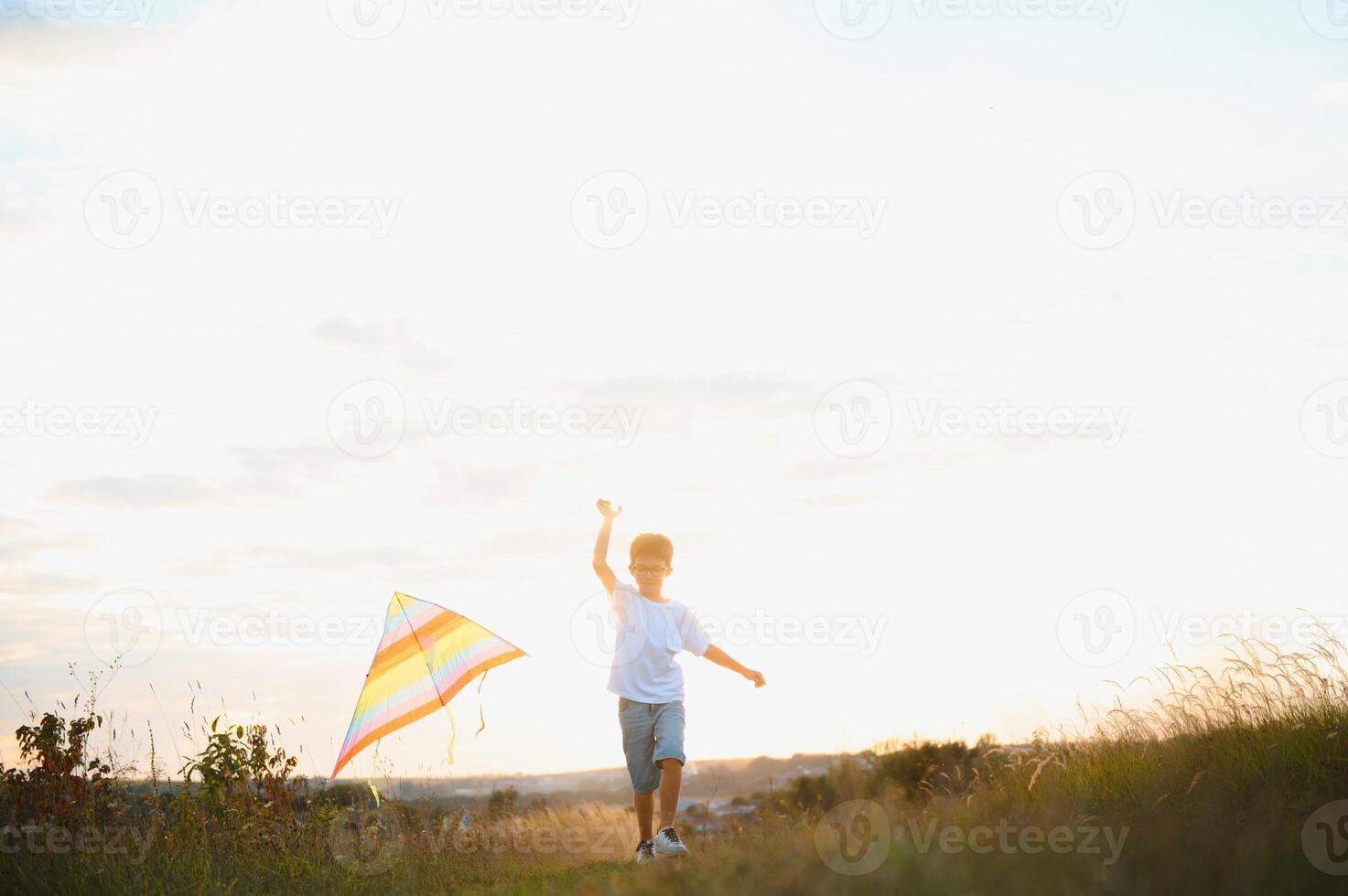 Boy is running with a kite during the day in the field photo