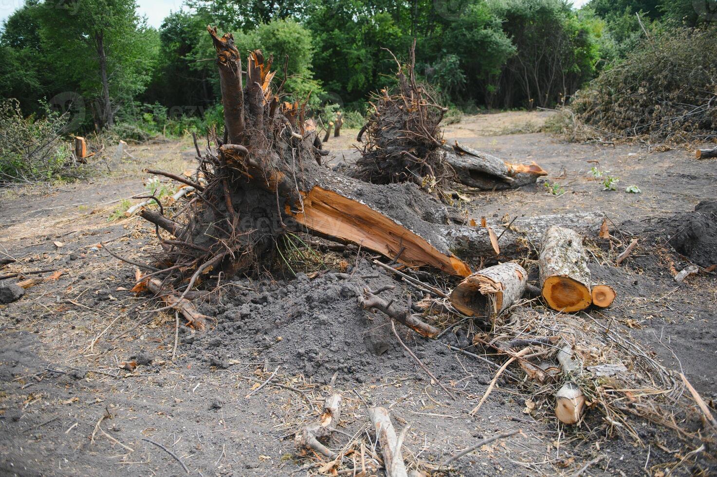 Deforestation environmental problem, rain forest destroyed for oil palm plantations photo