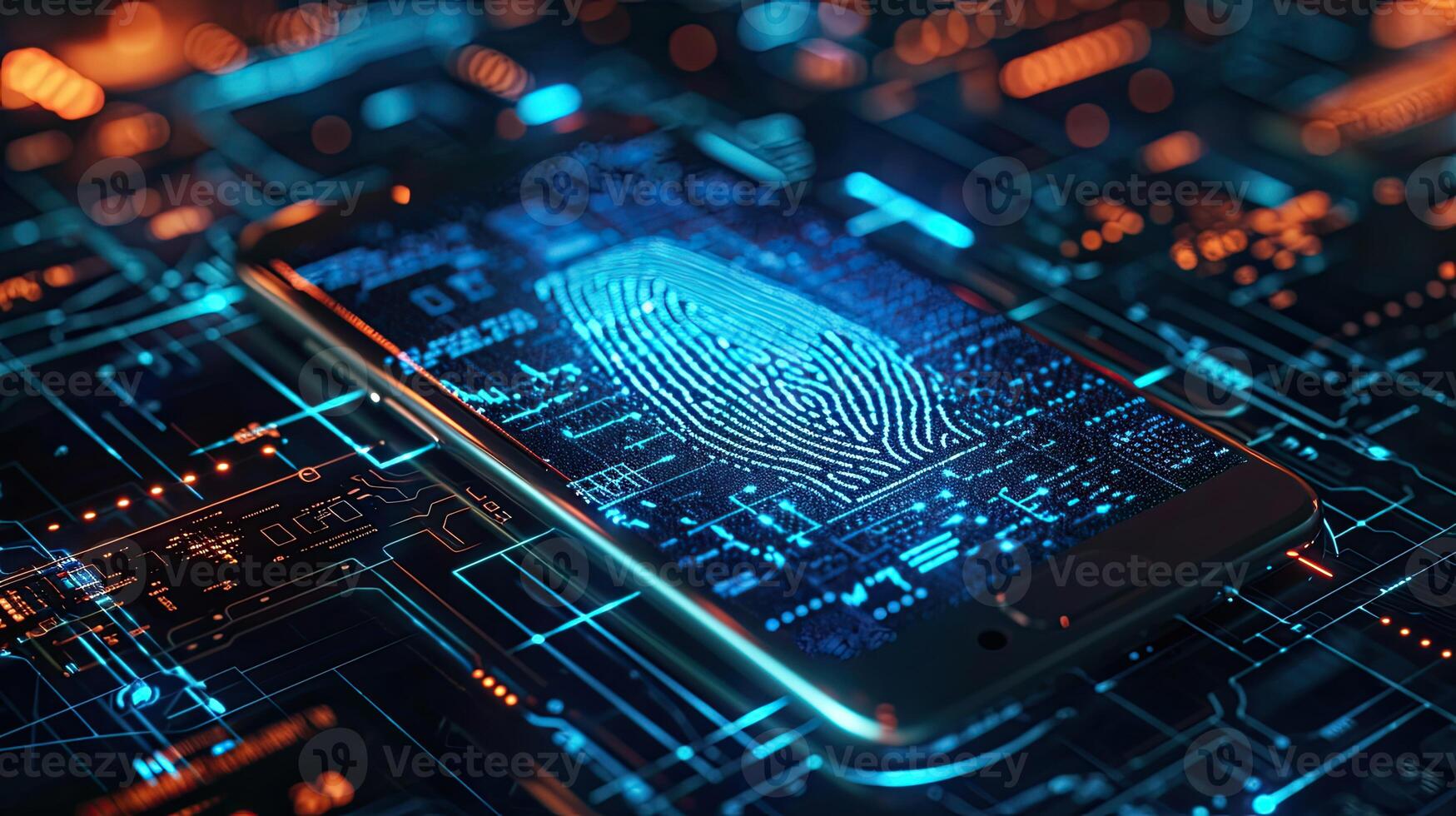 AI generated A concept of a futuristic holographic cyber security technology using finger prints and biometric data on a smartphone. photo