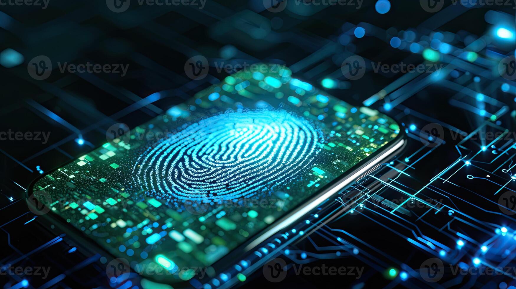 AI generated A concept of a futuristic holographic cyber security technology using finger prints and biometric data on a smartphone. photo