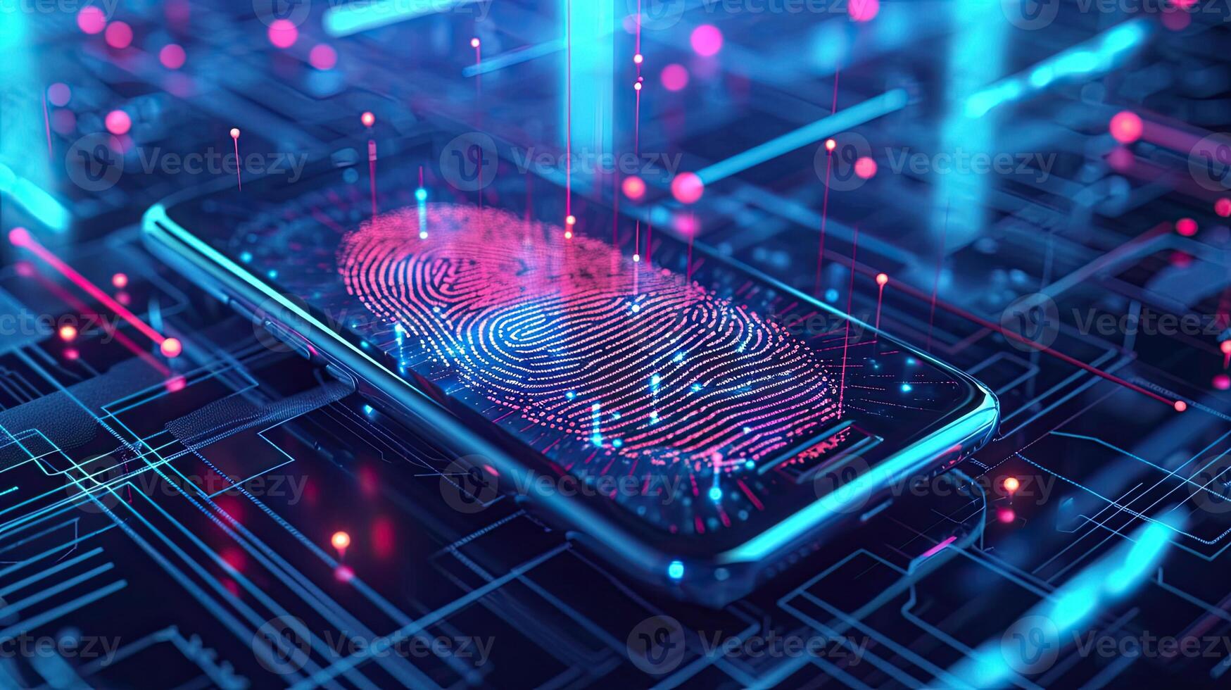 AI generated A concept of a futuristic holographic cyber security technology using finger prints and biometric data on a smartphone. photo