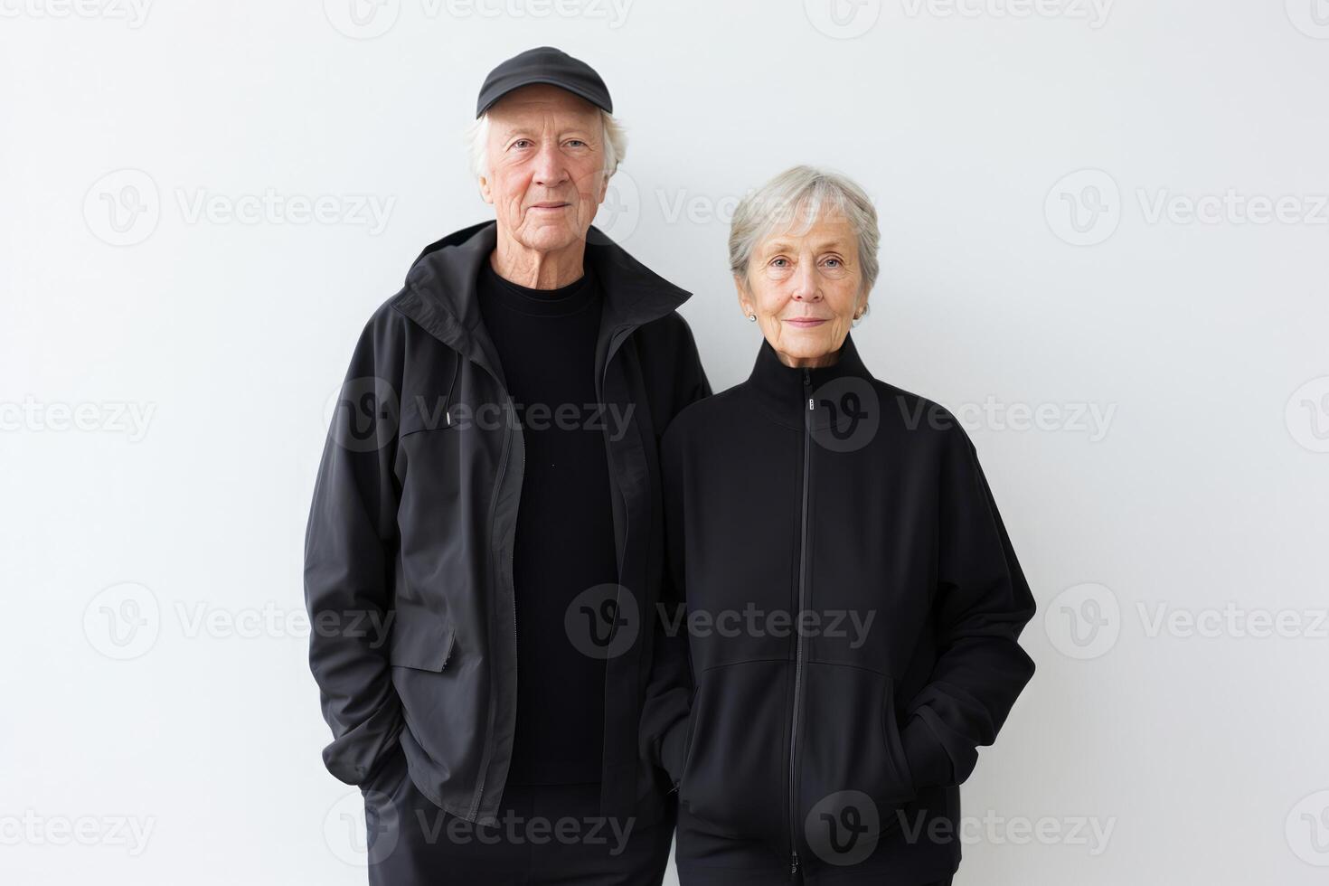 AI generated Senior confident casual couple standing indoors and looking at camera on a white background photo