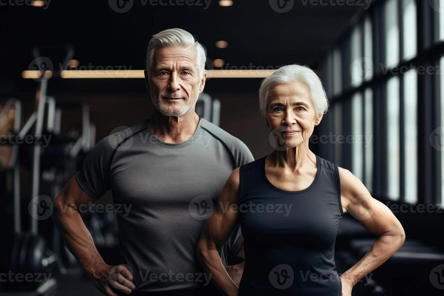 AI generated Portrait of active senior happy smiling couple family standing in gym after doing workout. photo