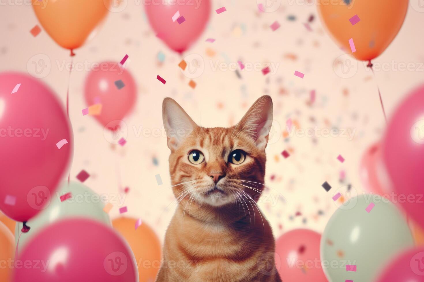 AI generated Cute adorable birthday cat with confetti, balloons sitting on white background. photo