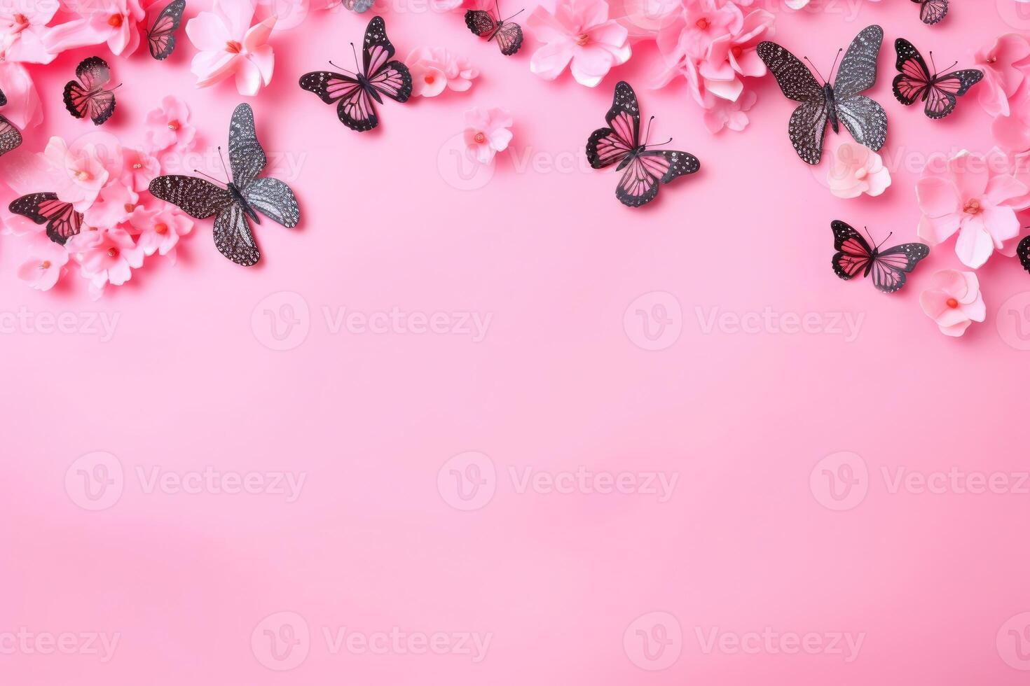 AI generated Pink and black butterflies on a summer background with flowers and copy space for text. photo