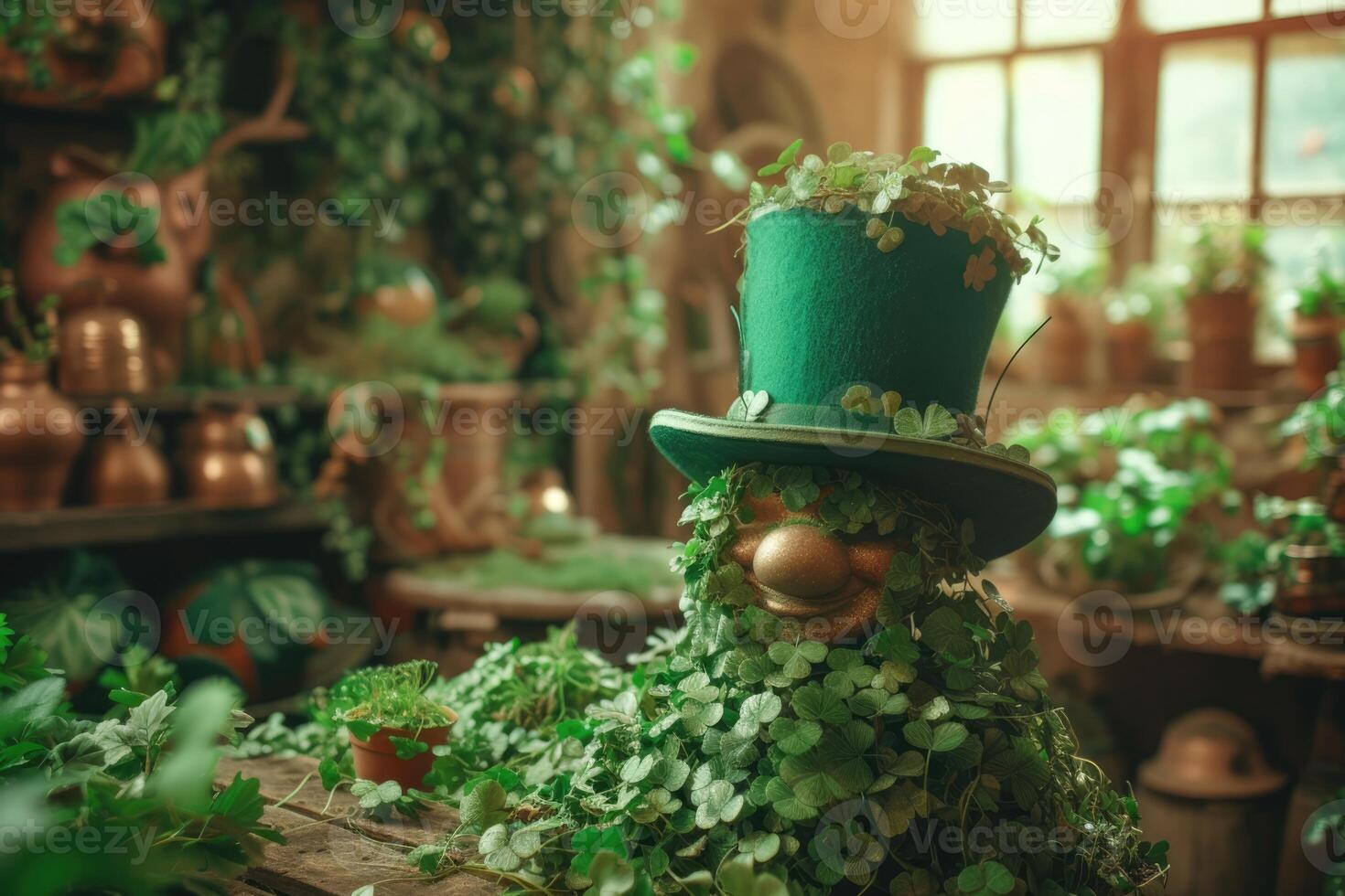 AI generated Leprechaun in green hat, shamrock and clover leaves with copy space for text. photo