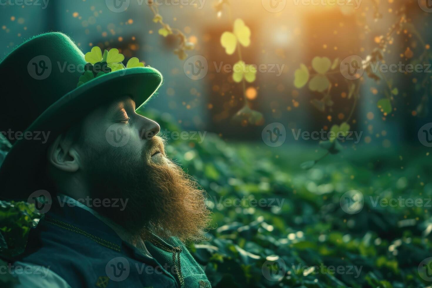 AI generated Portrait of a man with redhead beard in green Leprechaun hat standing outdoors in forest photo