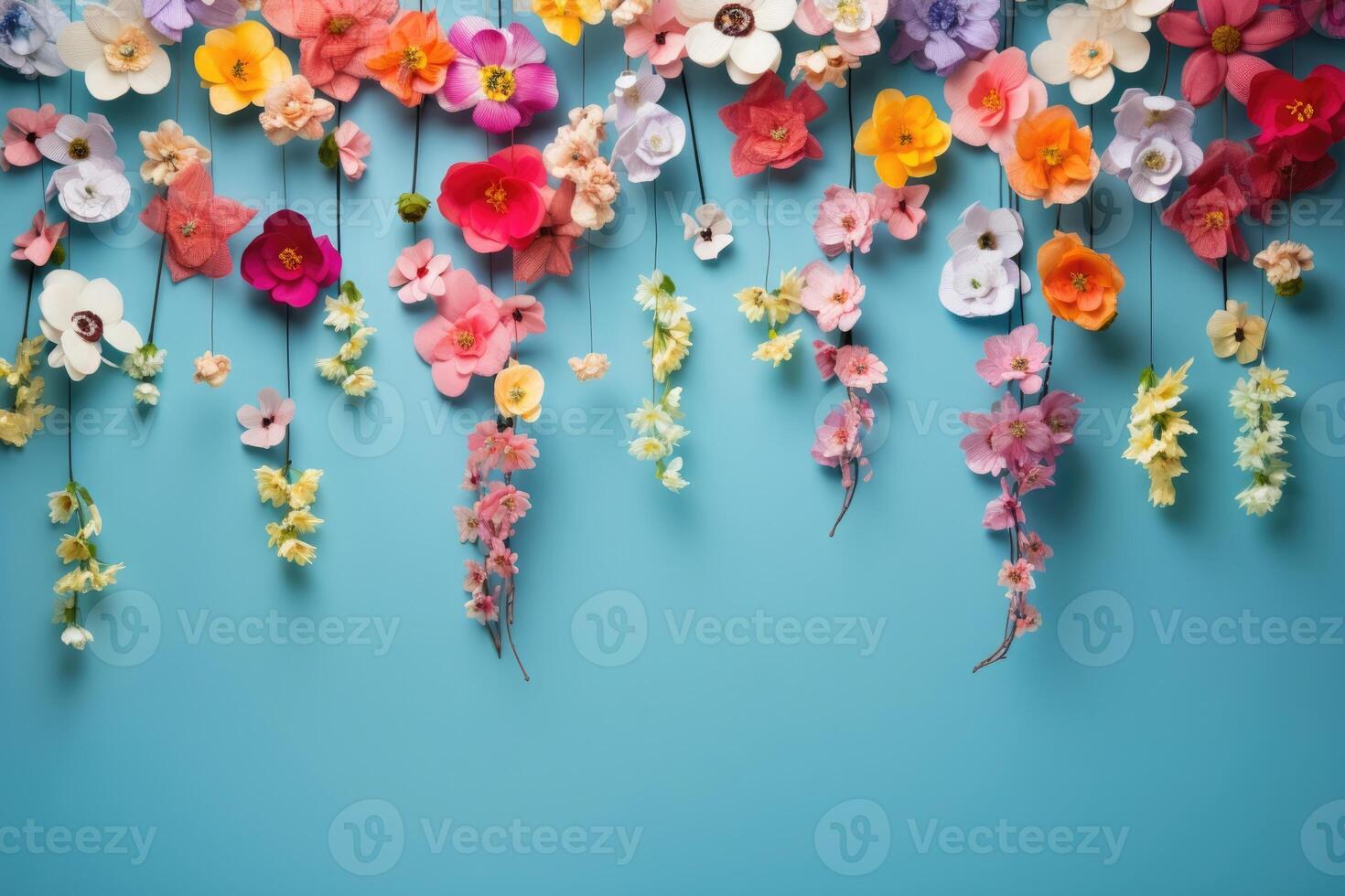 AI generated Colorful flowers on blue background with empty frame space for text. photo