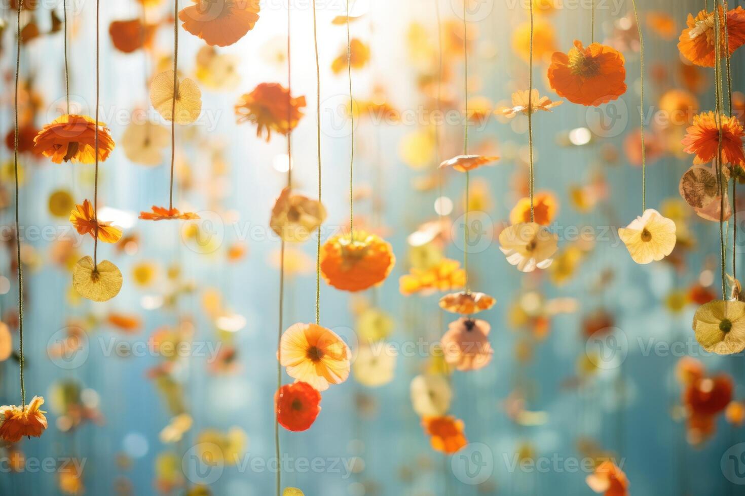 AI generated Red flowers on blue background with empty frame space for text. photo