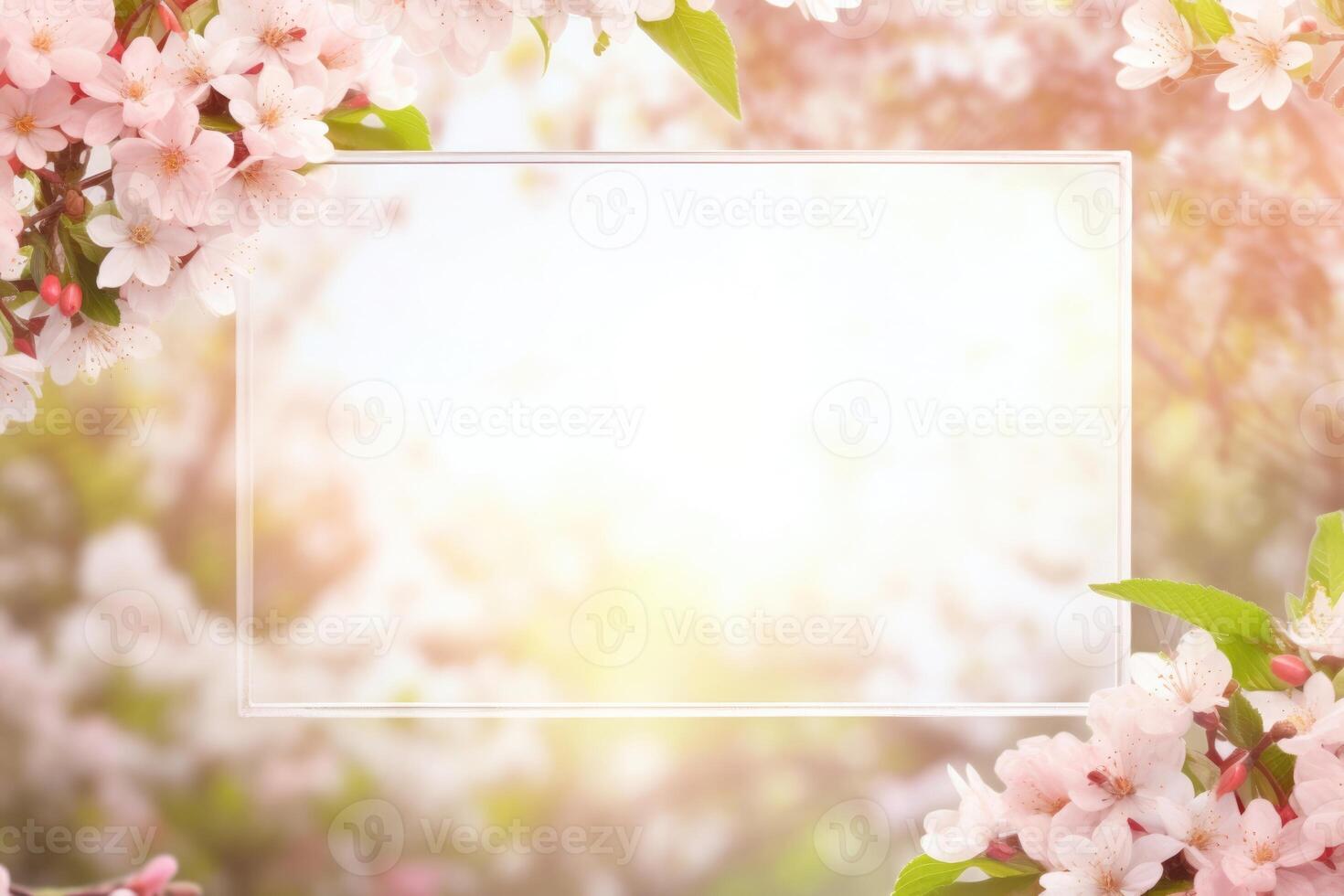 AI generated apple tree branch of a flowering tree on blurred background with copy space photo
