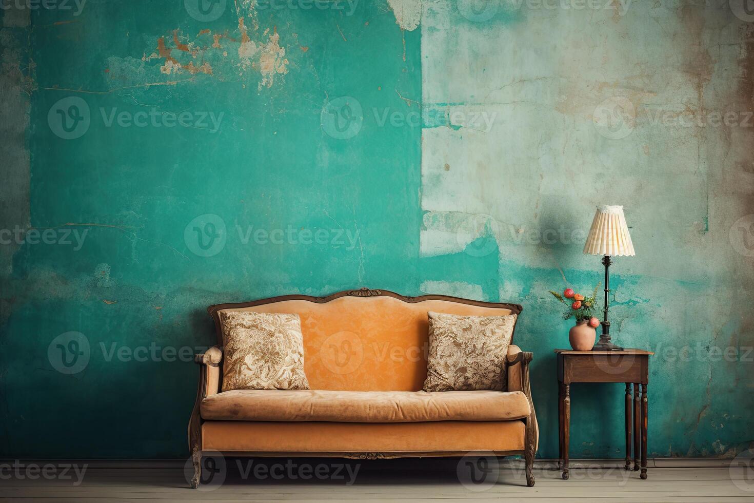 AI generated Scandinavian interior design in vintage retro shabby chic style with antique shabby wall photo