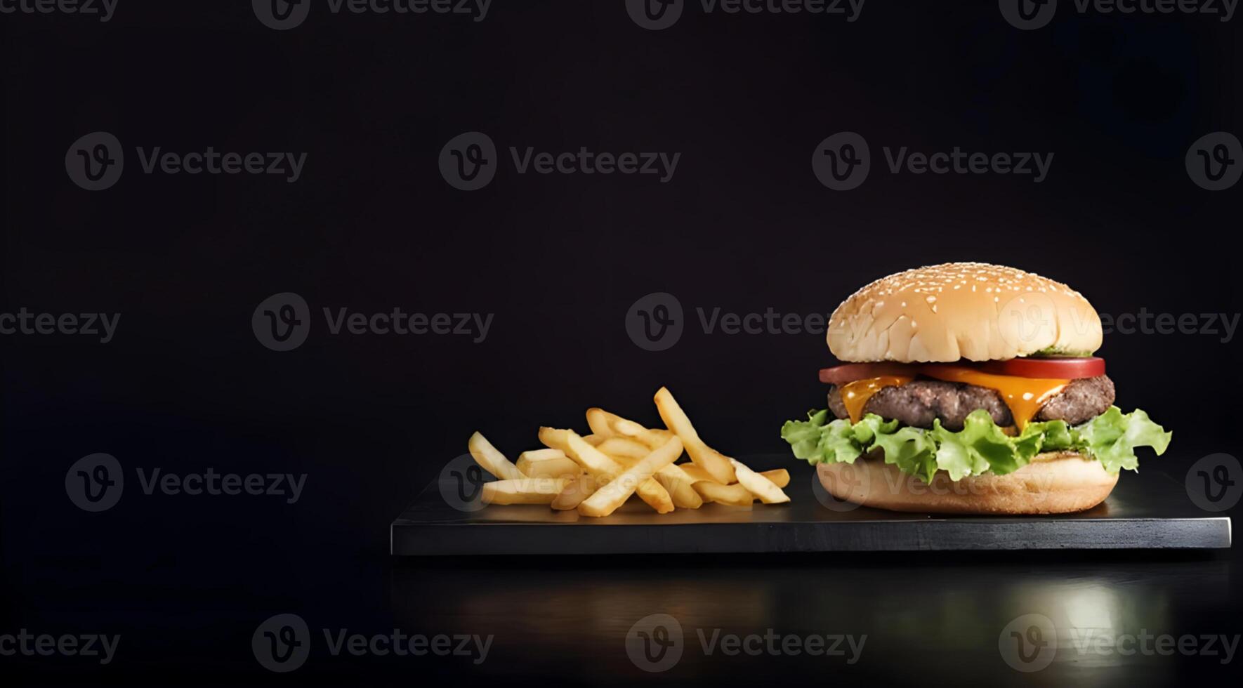 AI generated Front view burger with French fries isolated in black background copy space ai generated photo