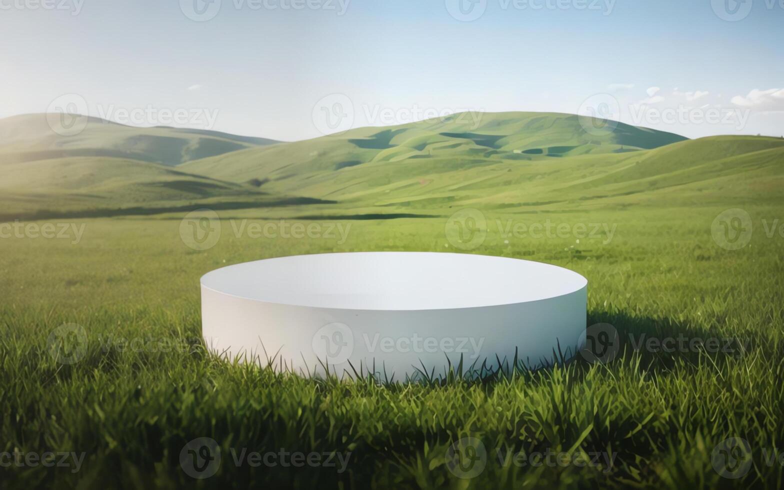 AI generated Round product display podium mockup in green grass field ai generated photo