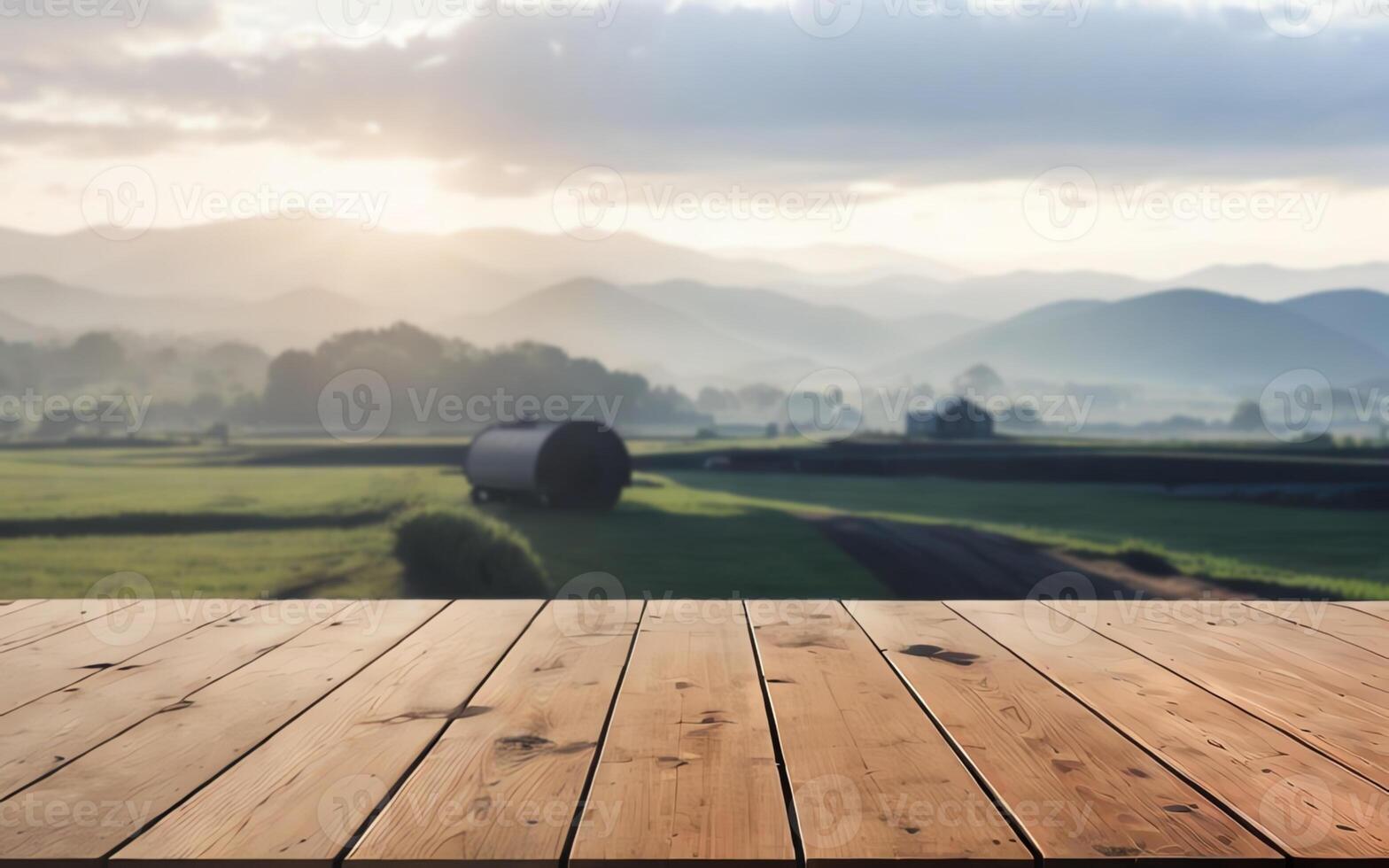 AI generated Empty wooden table top with nature farm backdrop for product display mock up ai generated photo