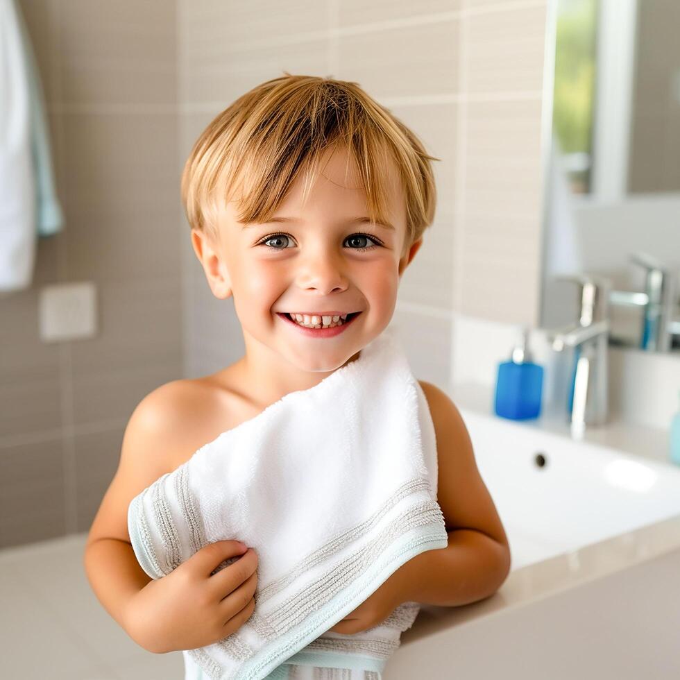 AI generated photo medium shot boy playing in bathtub