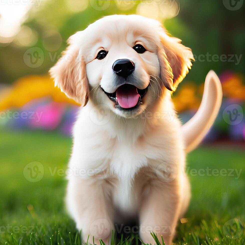 AI generated a golden. retriever sitting in the. grass. Petal Play. Beautiful, Spring Banner Capturing the Joy of a. Happy, Dog, AI generated photo