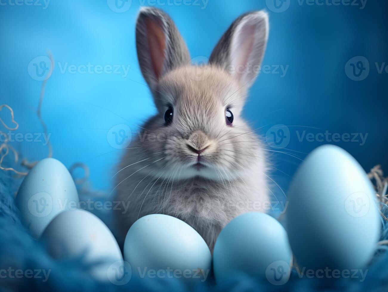 AI generated Easter bunny with blue eggs. The cute rabbit sitting on the meadow with decorated Easter Eggs. Springtime religious holiday banner for advertisement photo