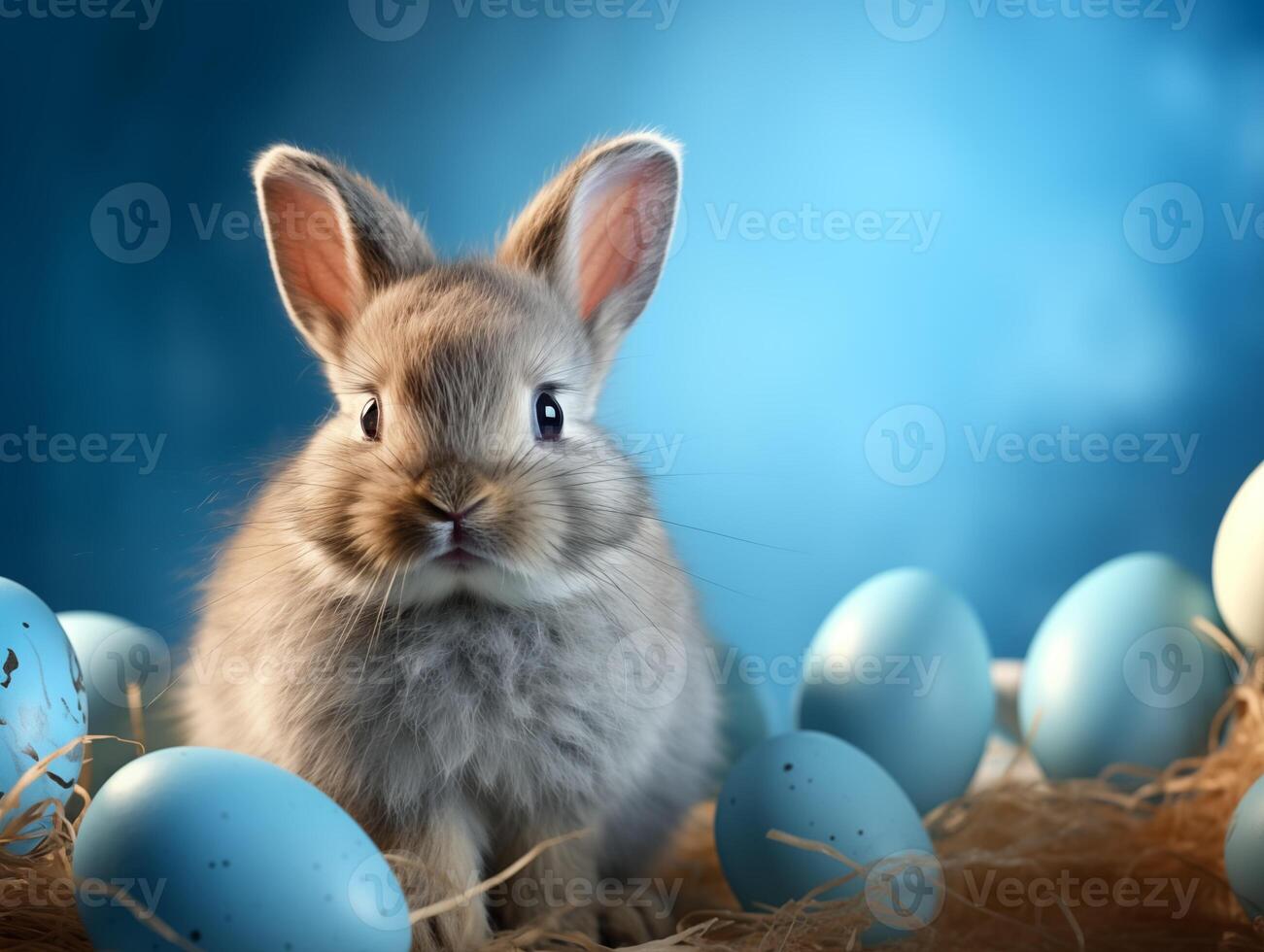 AI generated Easter bunny with blue eggs. The cute rabbit sitting on the meadow with decorated Easter Eggs. Springtime religious holiday banner for advertisement photo