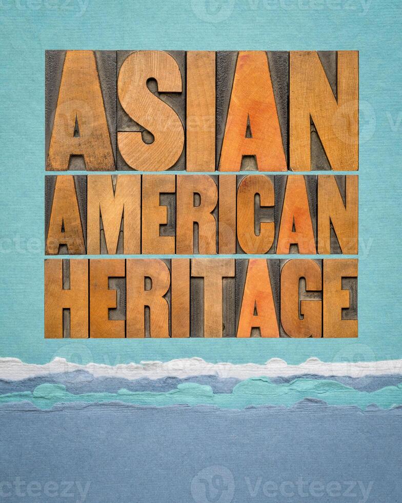 Asian American Heritage - word abstract in vintage letterpress wood type against art paper in blue tones, reminder of cultural event photo