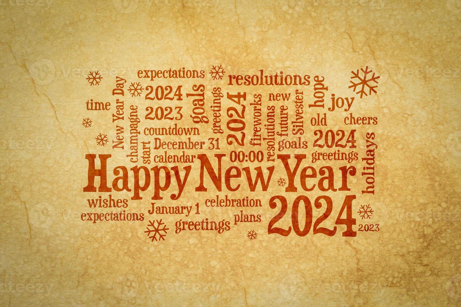 Happy New Year 2024 greetings card  - word cloud on a retro handmade paper photo