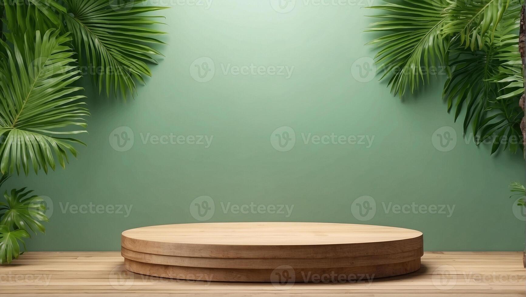 AI generated Realistic 3d wood display podium stage with green leaf isolated on green background. AI Generated photo