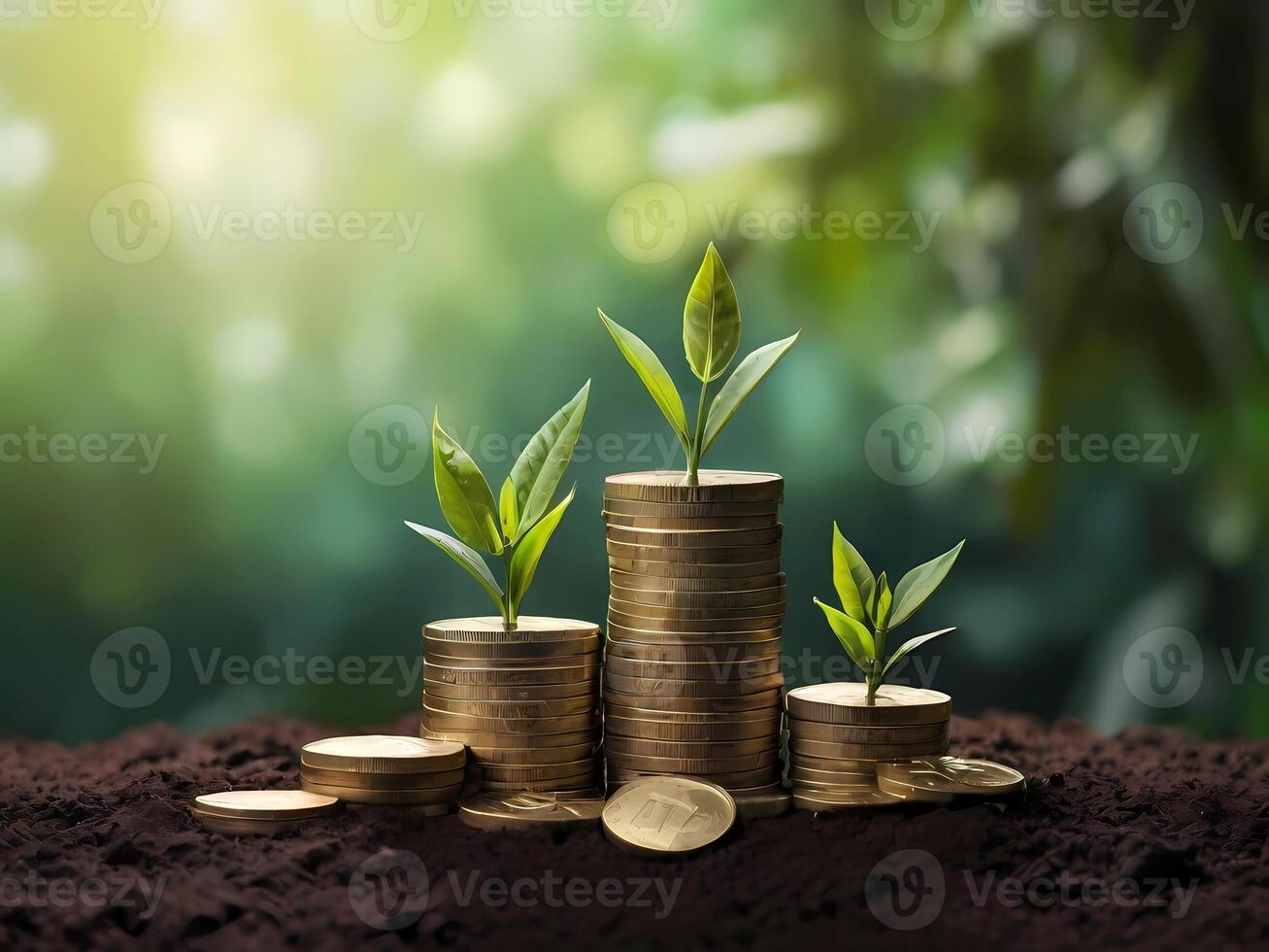 AI generated Realistic stacked coins with money growth background of investment financial of Business Growth Profit And Development photo