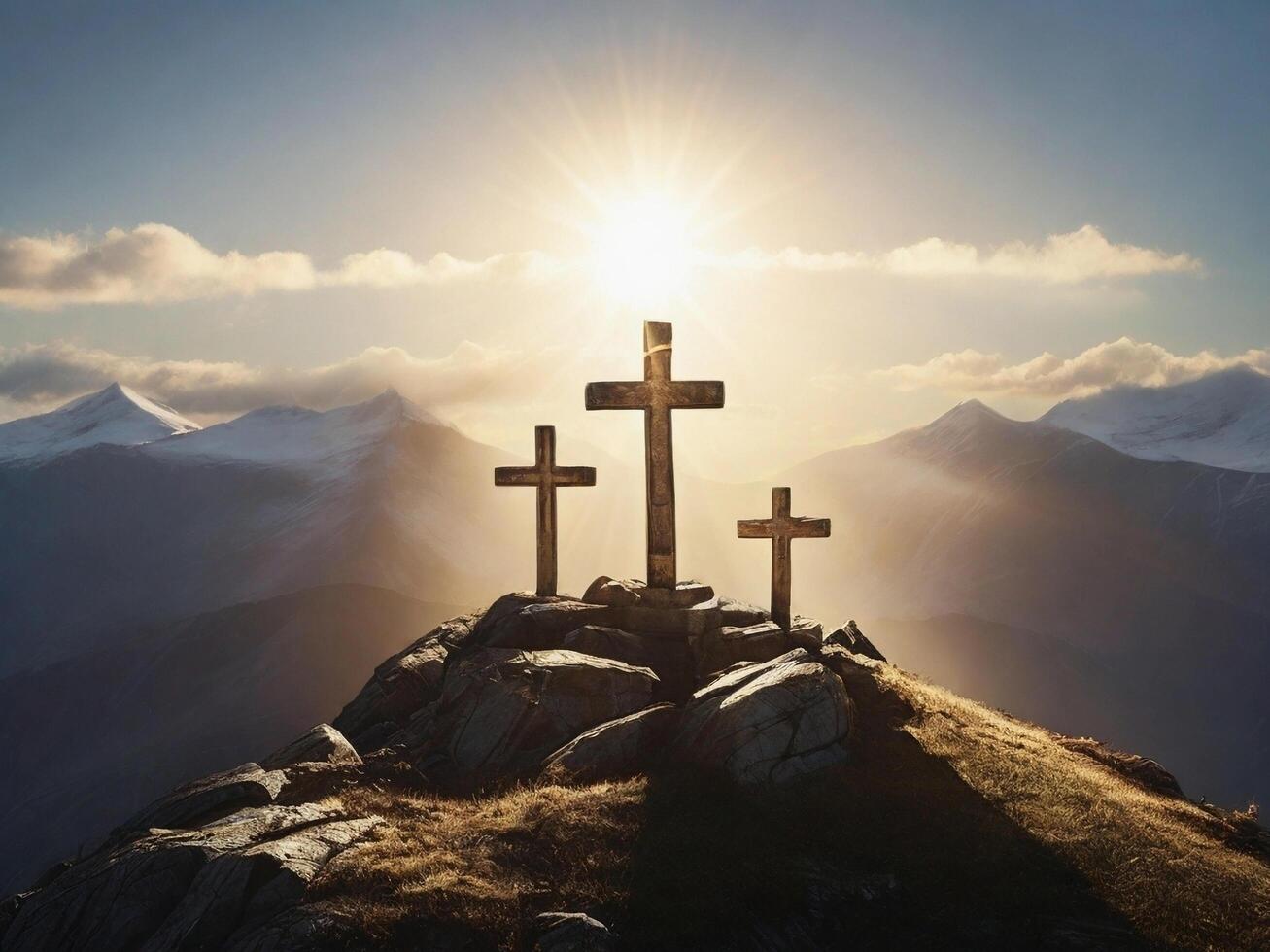 AI generated The cross of Jesus Christ shines in the setting sun above on the mountain photo