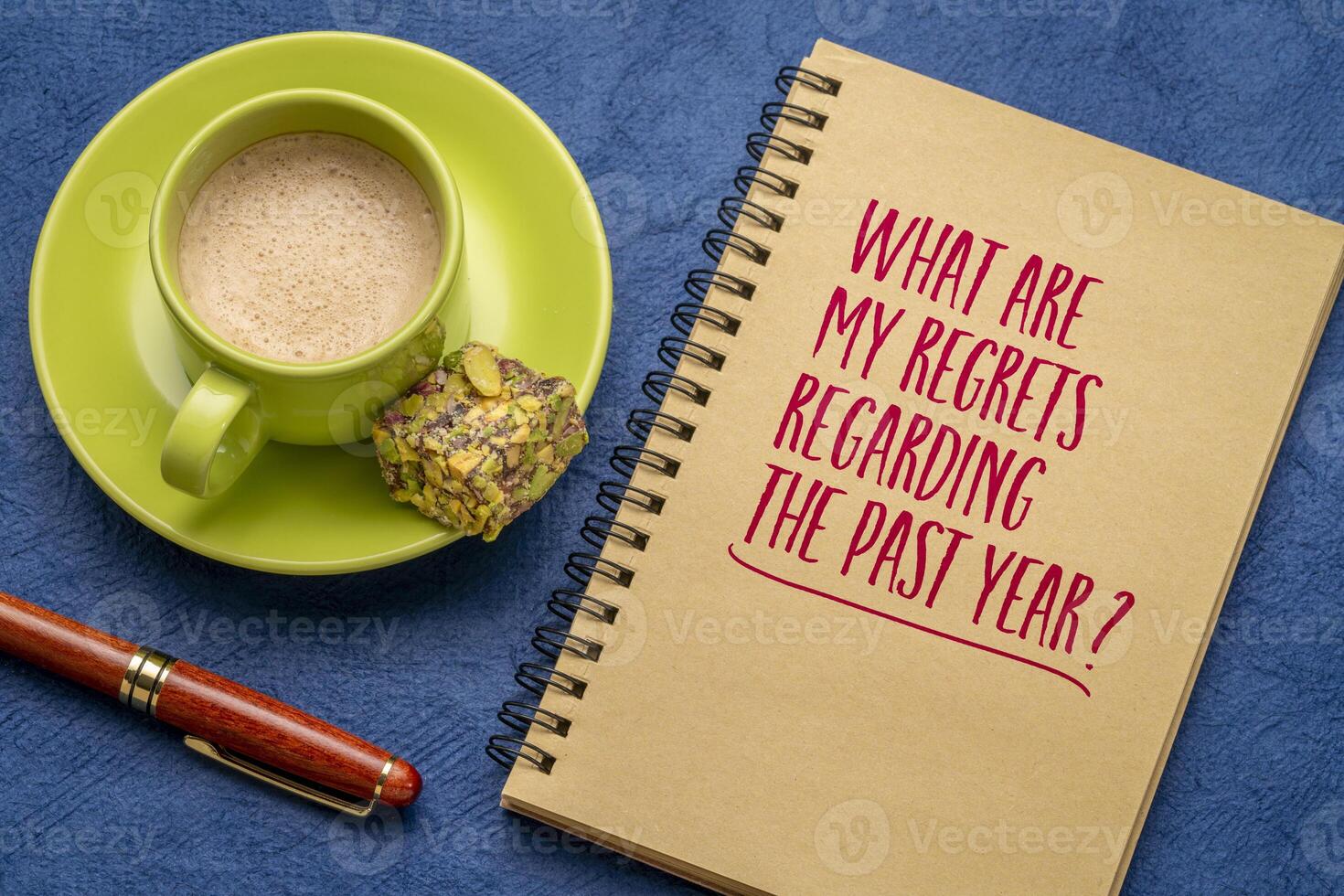 What are my regrets regarding  the past year. Self reflection question on a napkin. Review of failures in the past year. photo