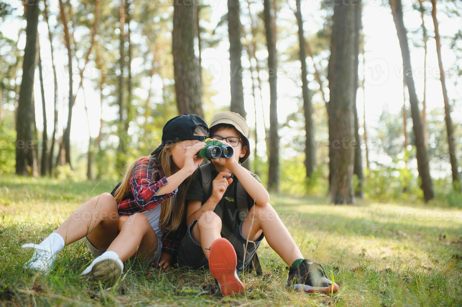 Two happy children having fun during forest hike on beautiful day in pine forest. Cute boy scout with binoculars during hiking in summer forest. Concepts of adventure, scouting and hiking tourism photo