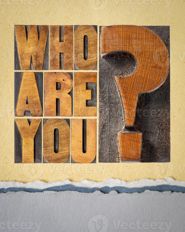 who are you question - word abstract in letterpress wood type blocks on art paper, identity and personal development concept photo