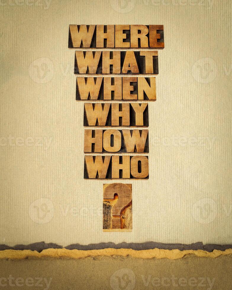 who, what, where, when, why, how questions  - brainstorming or decision making concept - words in vintage letterpress wood type against art paper photo