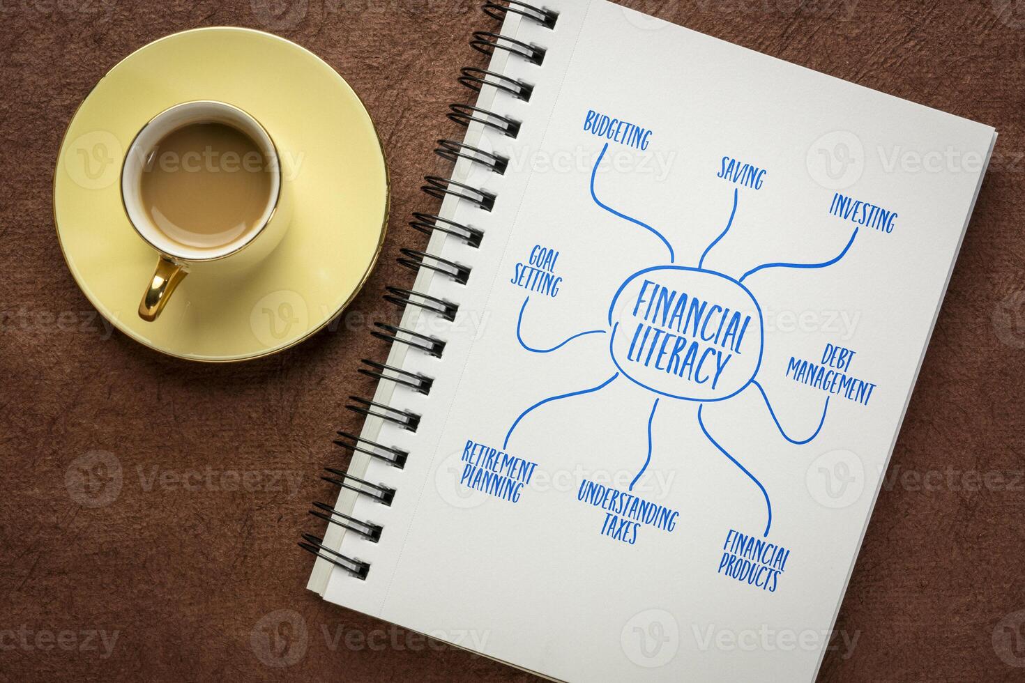 financial literacy infographics or mind map sketch in spiral notebook - personal finance concept and education photo