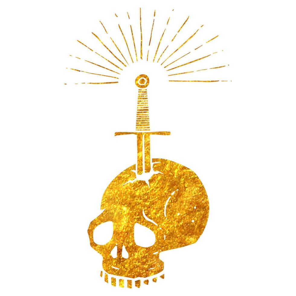 Hand drawn gold foil texture stabbed skull by a sword. Vector illustration.