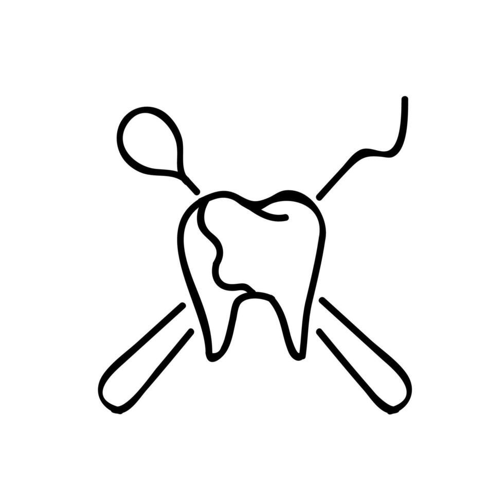 Dentist tooth and tools icon. Hand drawn vector illustration. Editable line stroke.