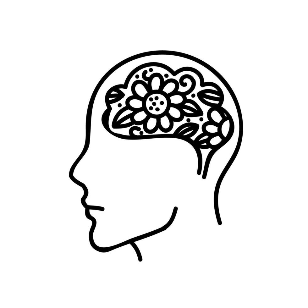Mental health human brain icon. Hand drawn vector illustration. Editable line stroke.