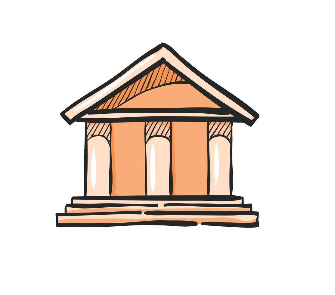 Bank building icon in hand drawn color vector illustration