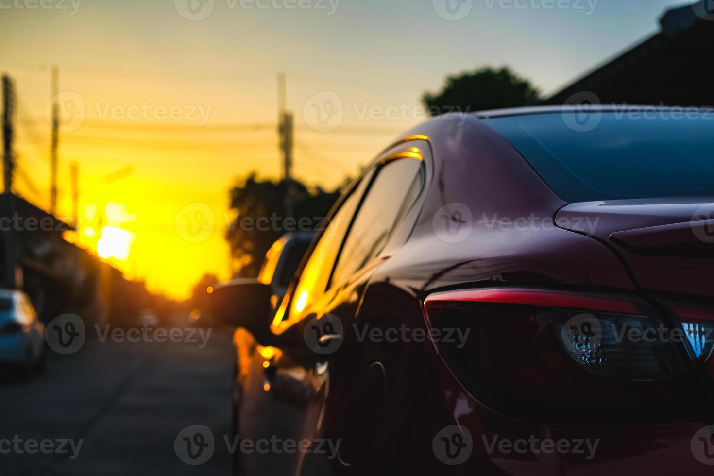 close up travel car on street automotive roadtrip on sunset background for transport, travel of nature to vehicle auto landscape light the sun for journey trip summer and lifestyle 2024 photo