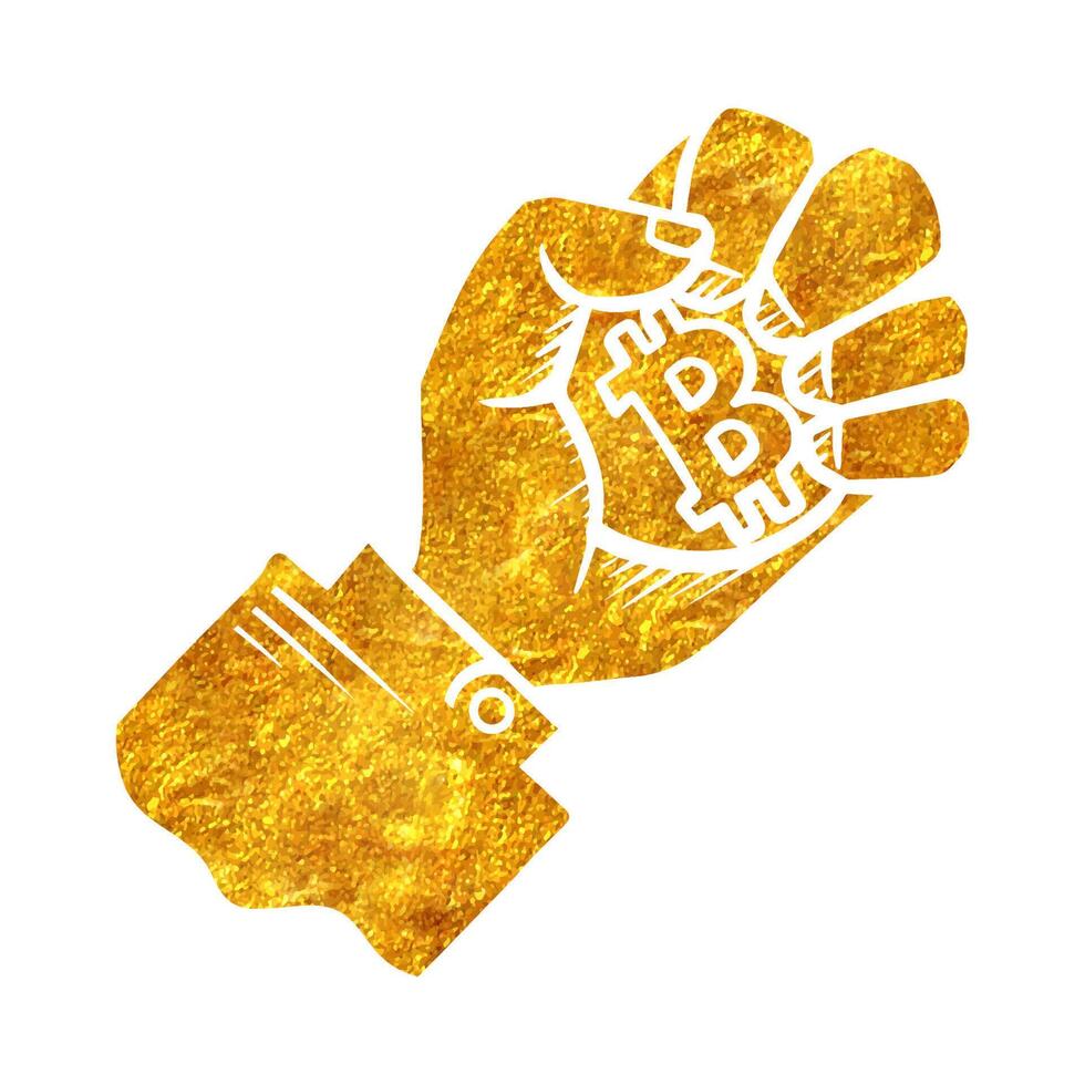 Hand holding bitcoin coin in gold foil texture vector illustration