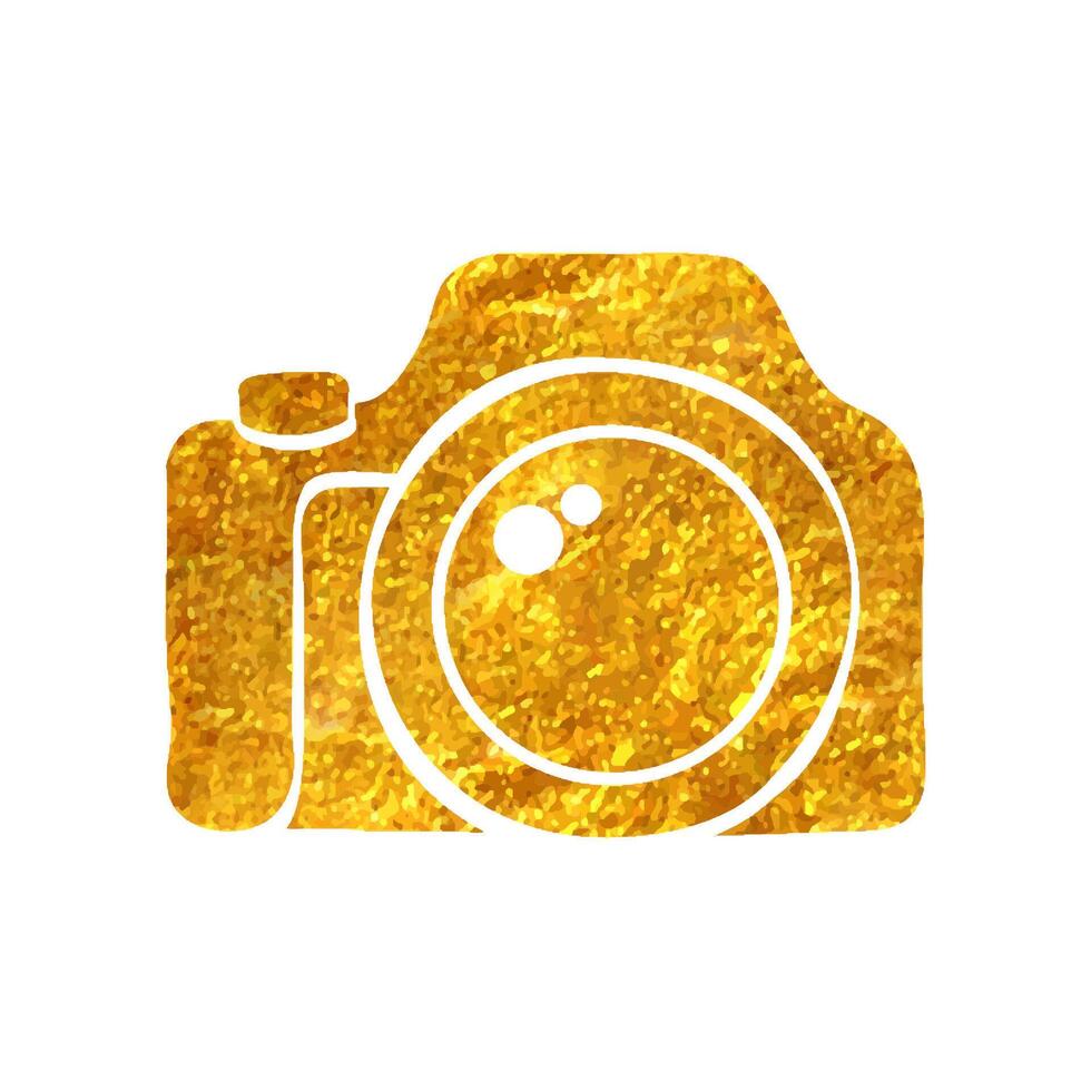 Hand drawn Camera icon in gold foil texture vector illustration