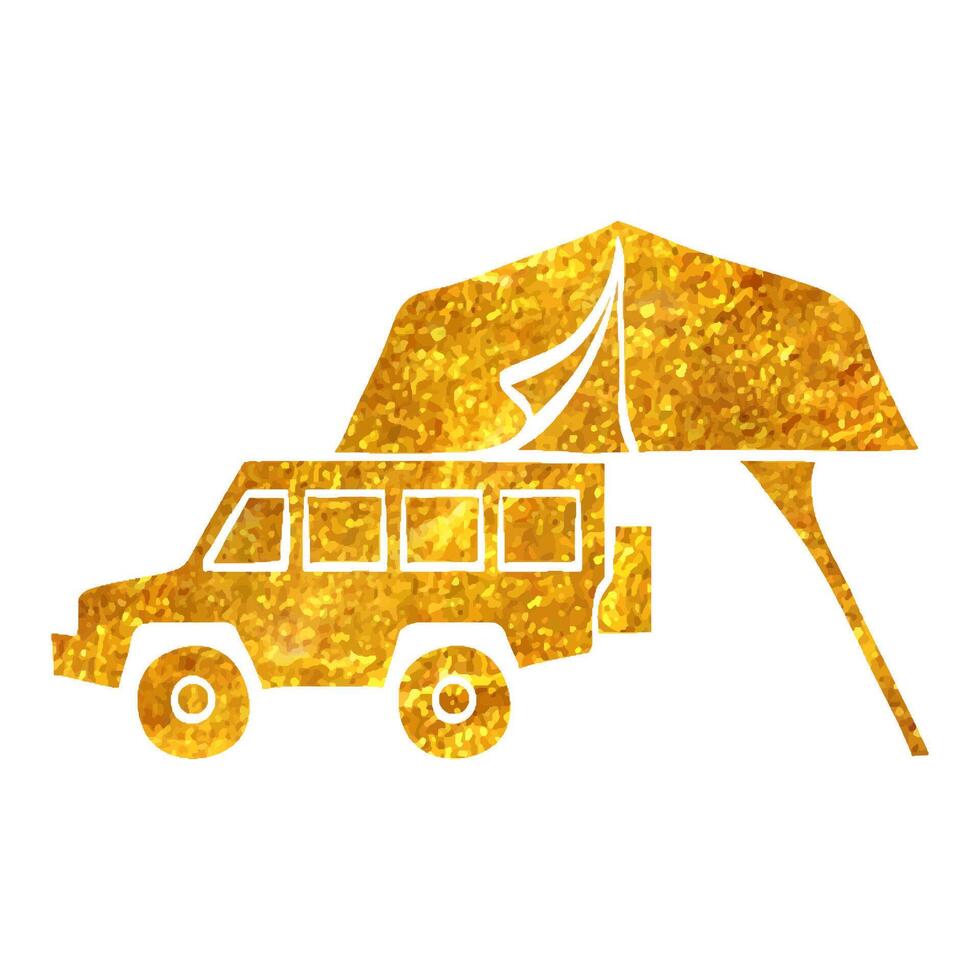 mano dibujado portátil cámping tienda icono en oro frustrar textura vector ilustración