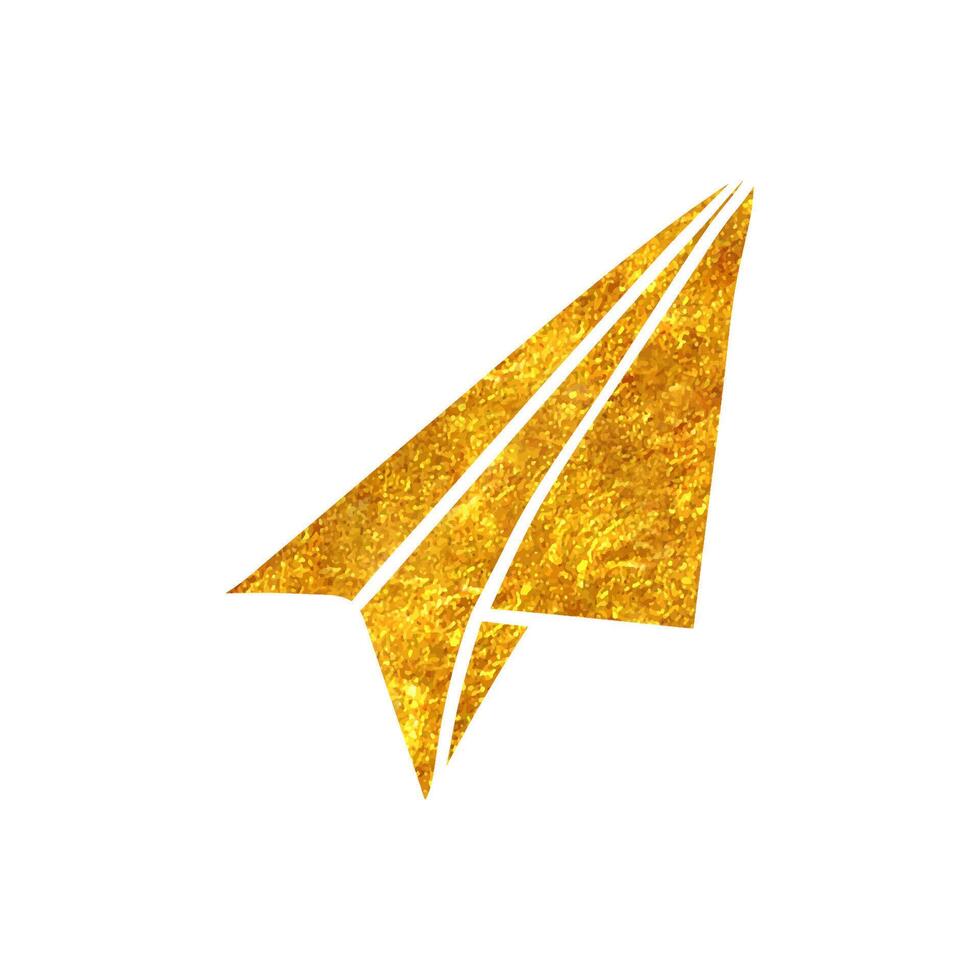 Hand drawn paper plane icon in gold foil texture vector illustration