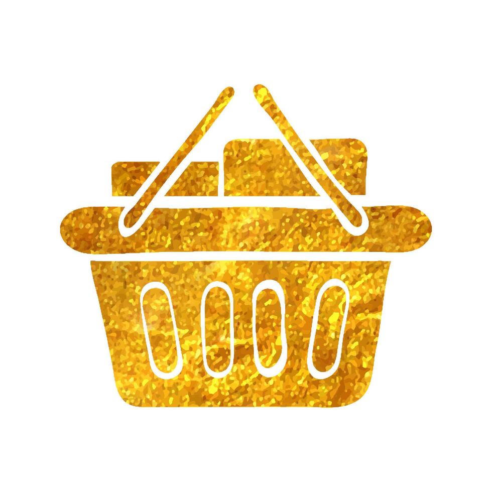 Hand drawn Shopping basket icon in gold foil texture vector illustration