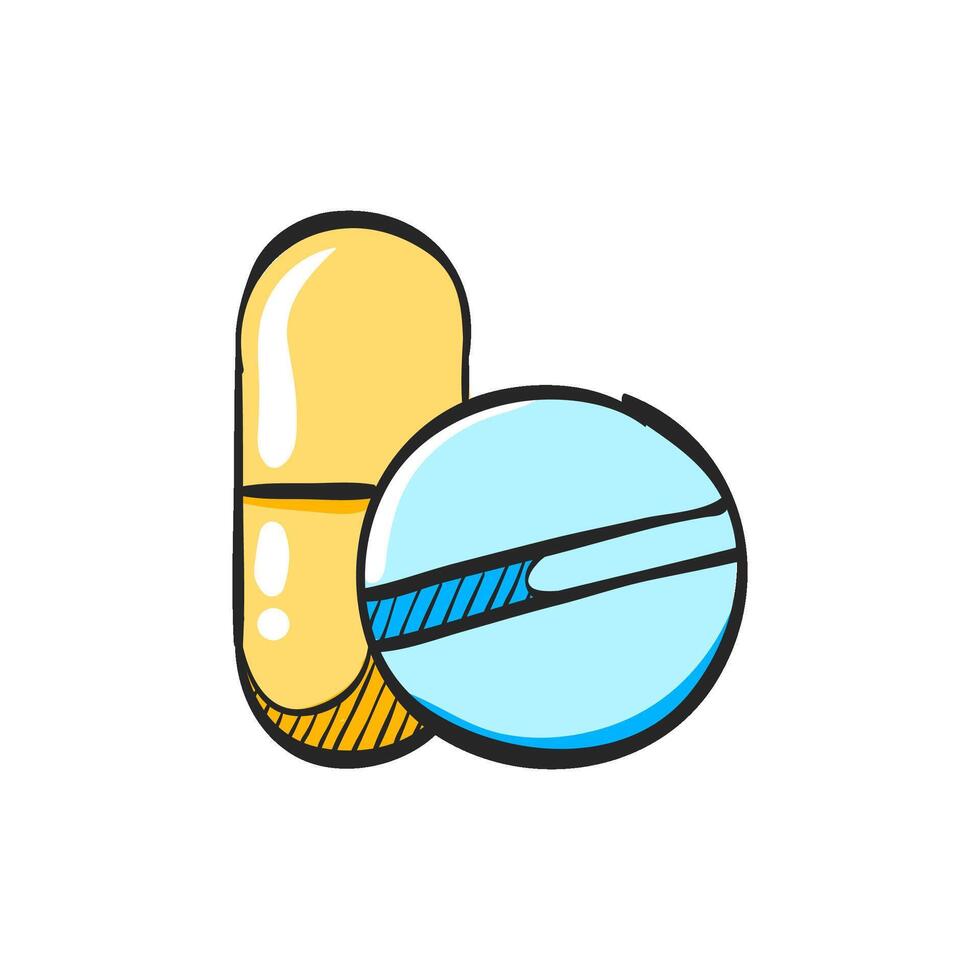 Pills icon in hand drawn color vector illustration