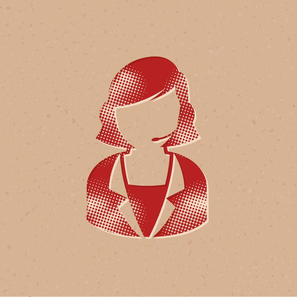 Female receptionist halftone style icon with grunge background vector illustration