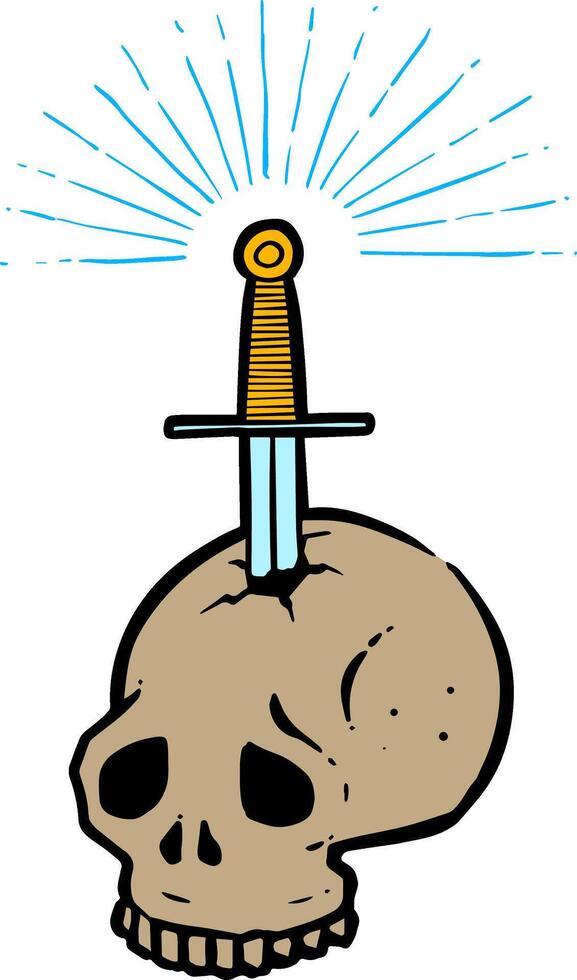 Hand drawn stabbed skull by a sword color vector illustration