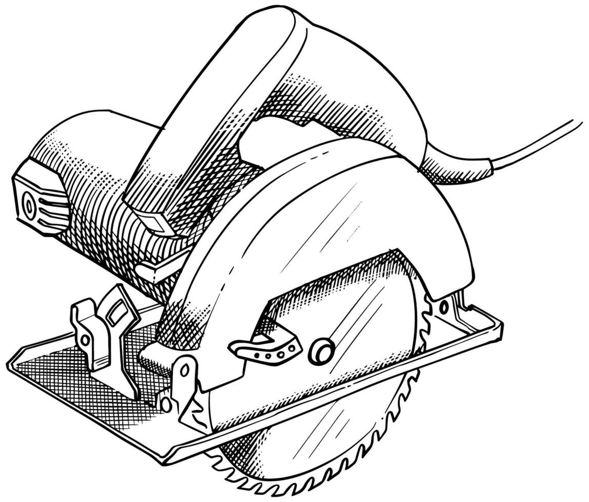 Circular saw hand drawn illustration. Industrial woodworking hobby vector