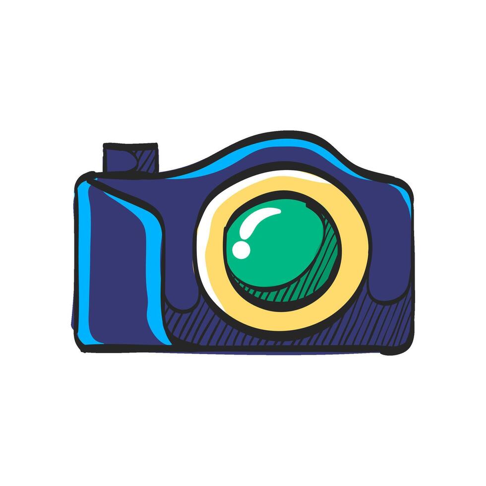 Camera icon in hand drawn color vector illustration