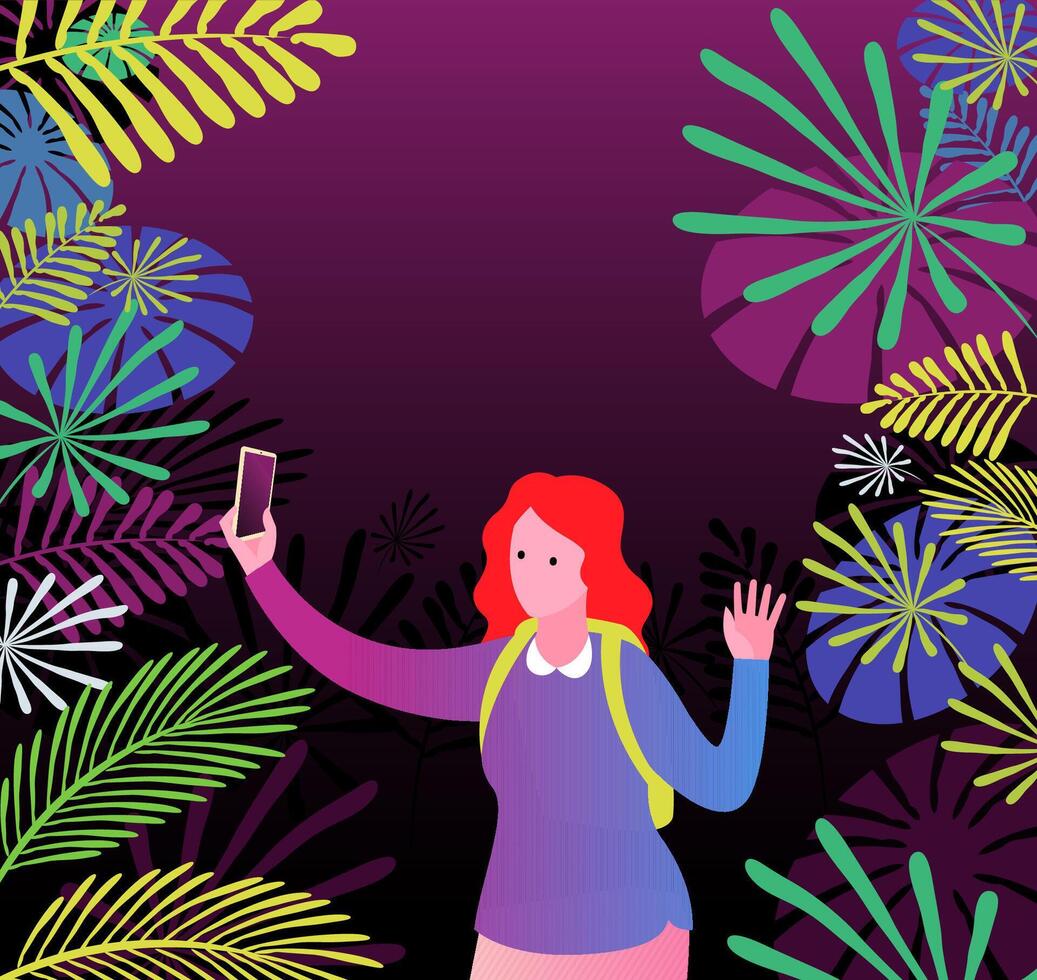 Woman taking selfie using smart phone in front of colorful vegetation vector